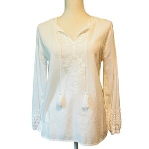 Roller Rabbit White Embroidery Tie Front Blouse Long sleeves Size XS